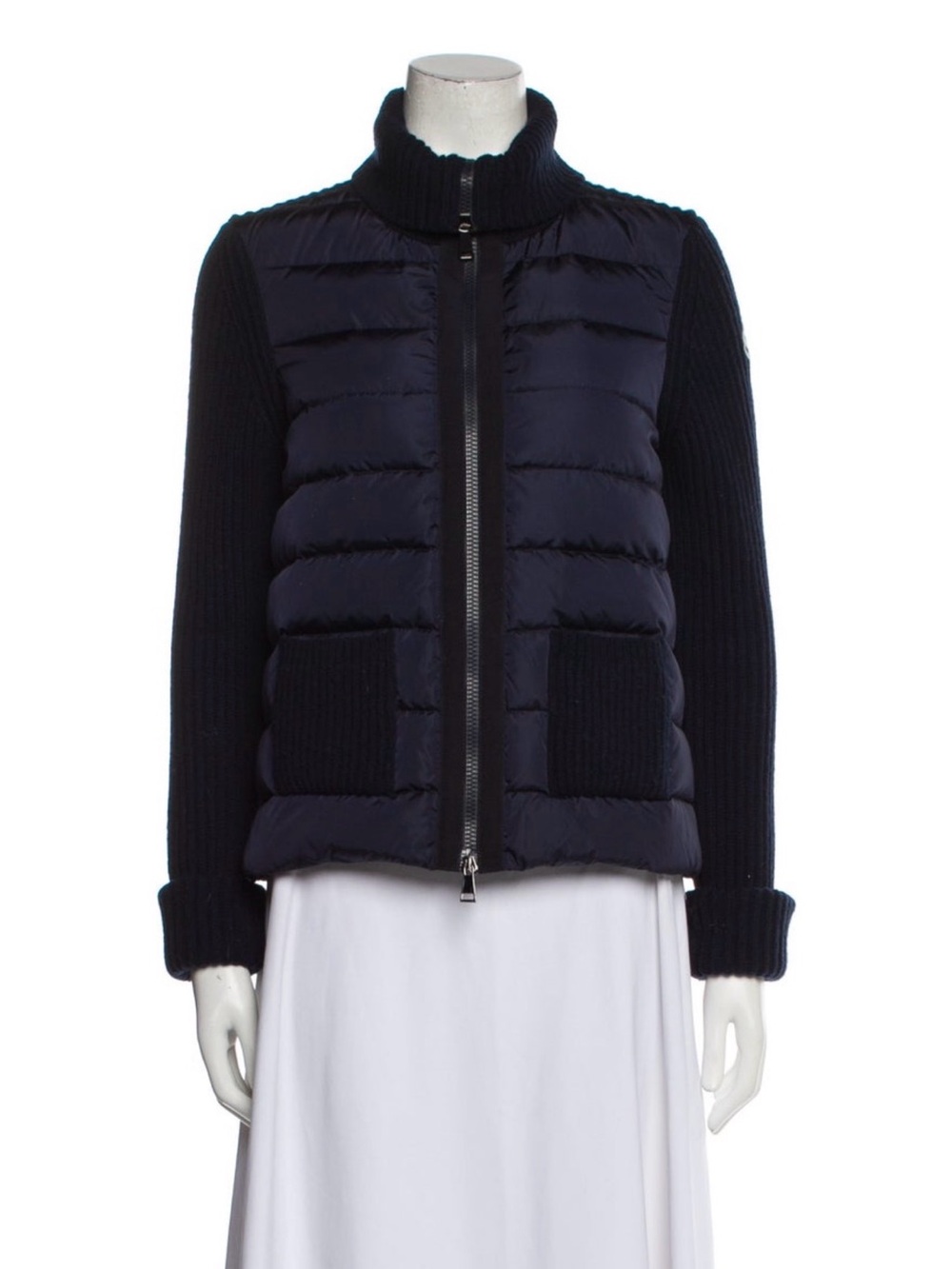 Moncler Navy Quilted Puffer Jacket with Knit Sleeves